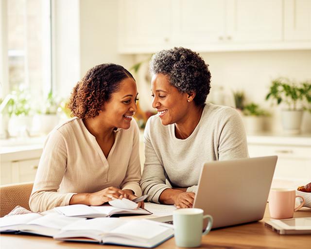 Couple reviewing a household budget together at a bright kitchen table with notebooks and a laptop